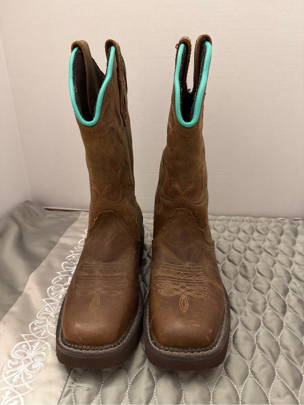 Women's Brown Leather Western Boots with Turquoise Trim